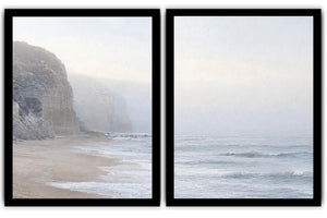 Misty coastal cliff diptych wall art for calm beach house interiors.