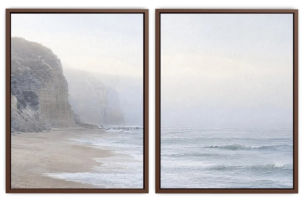 Misty coastal cliff diptych wall art for calm beach house interiors.