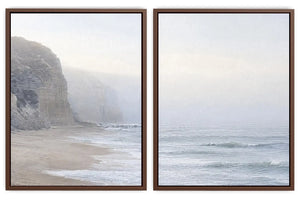 Misty coastal cliff diptych wall art for calm beach house interiors.
