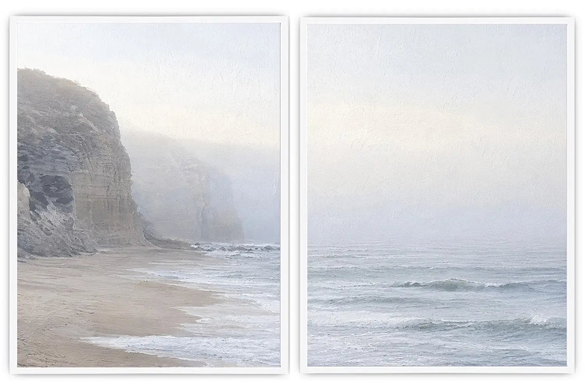 Misty coastal cliff diptych wall art for calm beach house interiors.