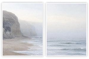 Misty coastal cliff diptych wall art for calm beach house interiors.