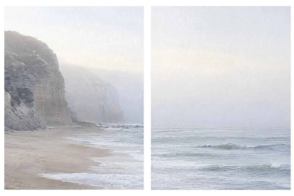 Misty coastal cliff diptych wall art for calm beach house interiors.