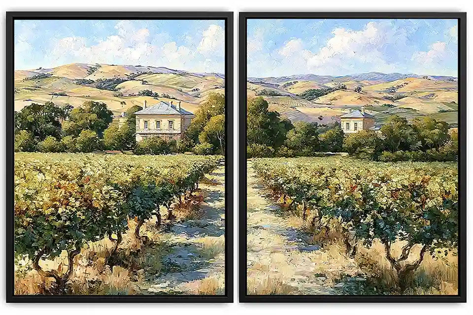 Sunlit vineyard landscape canvas art for rustic dining room decor.