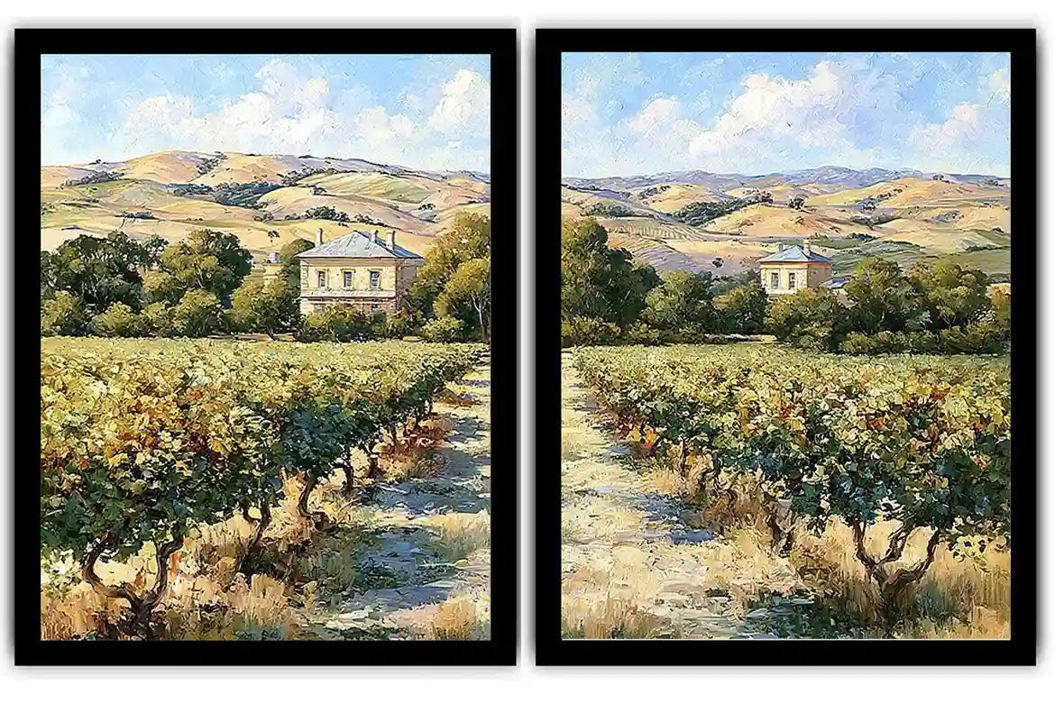 Sunlit vineyard landscape canvas art for rustic dining room decor.