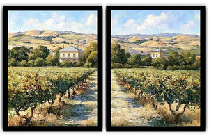 Sunlit vineyard landscape canvas art for rustic dining room decor.