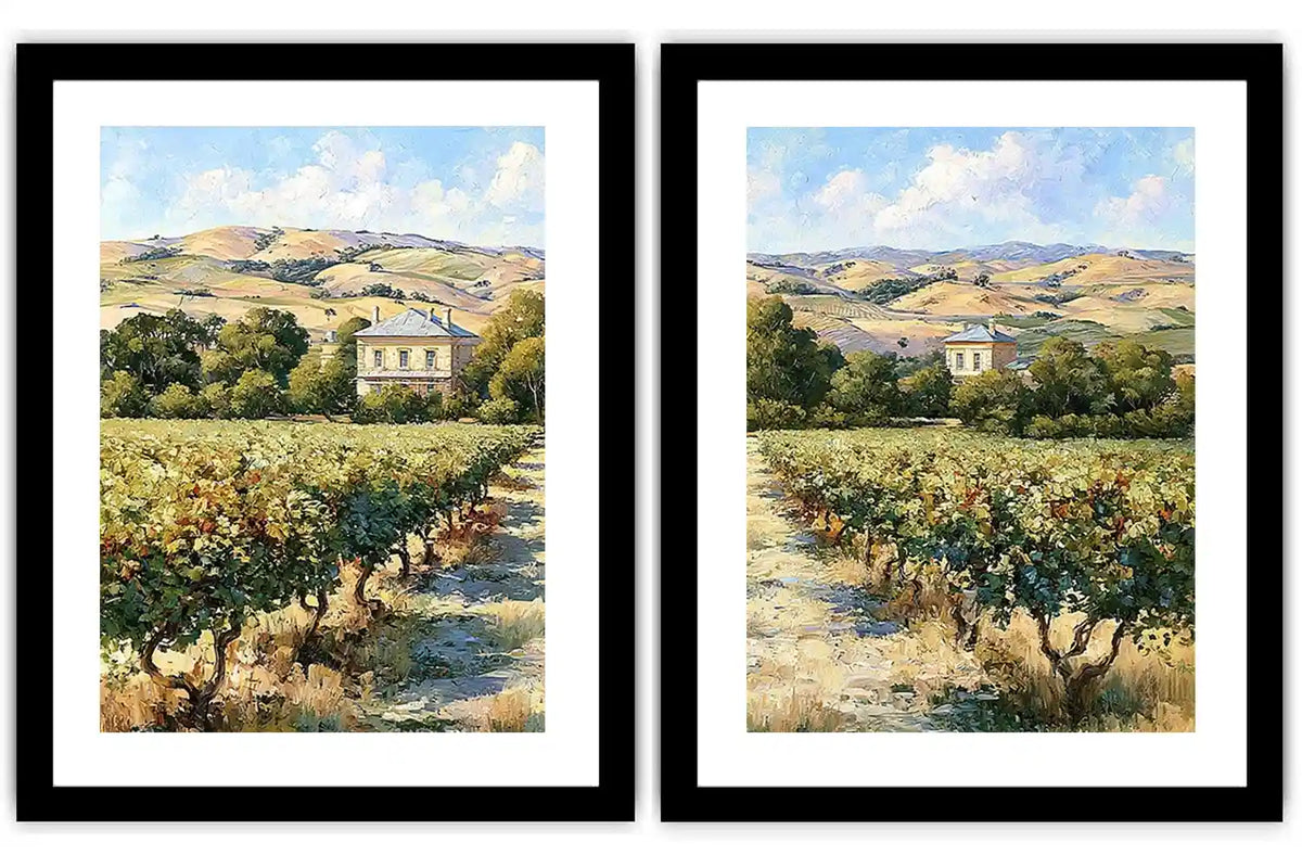 Sunlit vineyard landscape canvas art for rustic dining room decor.
