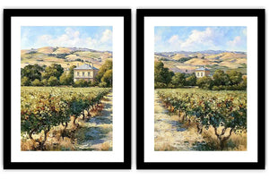 Sunlit vineyard landscape canvas art for rustic dining room decor.
