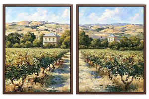 Sunlit vineyard landscape canvas art for rustic dining room decor.