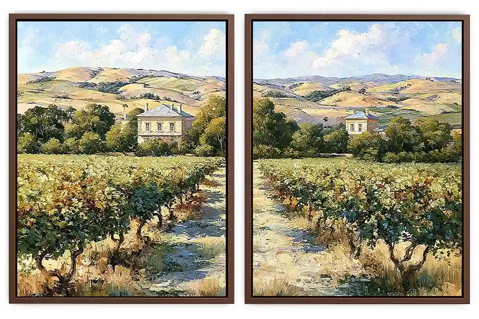 Sunlit vineyard landscape canvas art for rustic dining room decor.