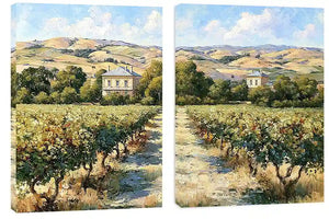 Sunlit vineyard landscape canvas art for rustic dining room decor.