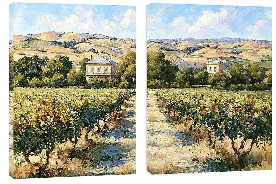 Sunlit vineyard landscape canvas art for rustic dining room decor.