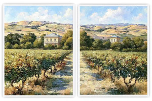 Sunlit vineyard landscape canvas art for rustic dining room decor.