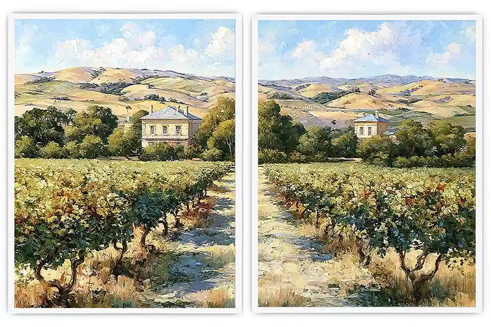 Sunlit vineyard landscape canvas art for rustic dining room decor.
