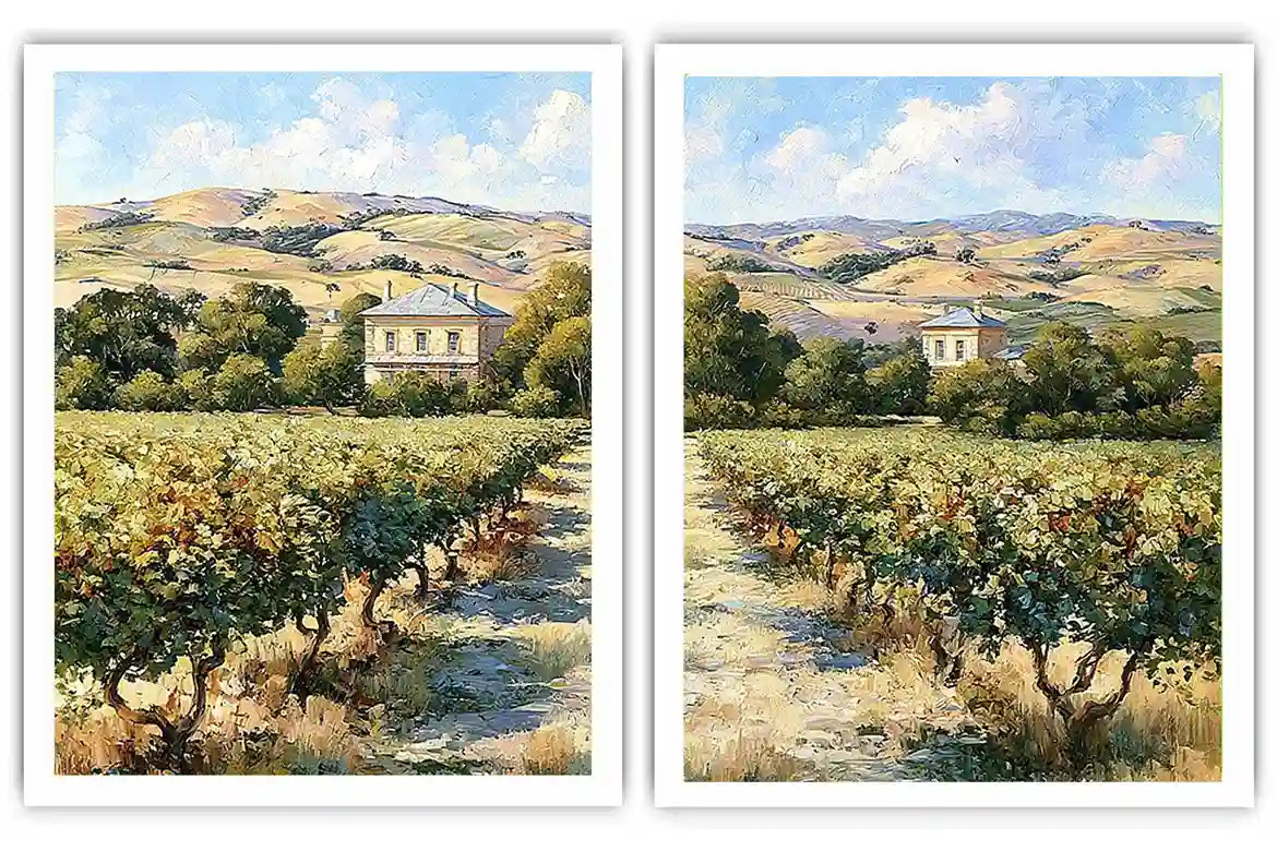 Sunlit vineyard landscape canvas art for rustic dining room decor.