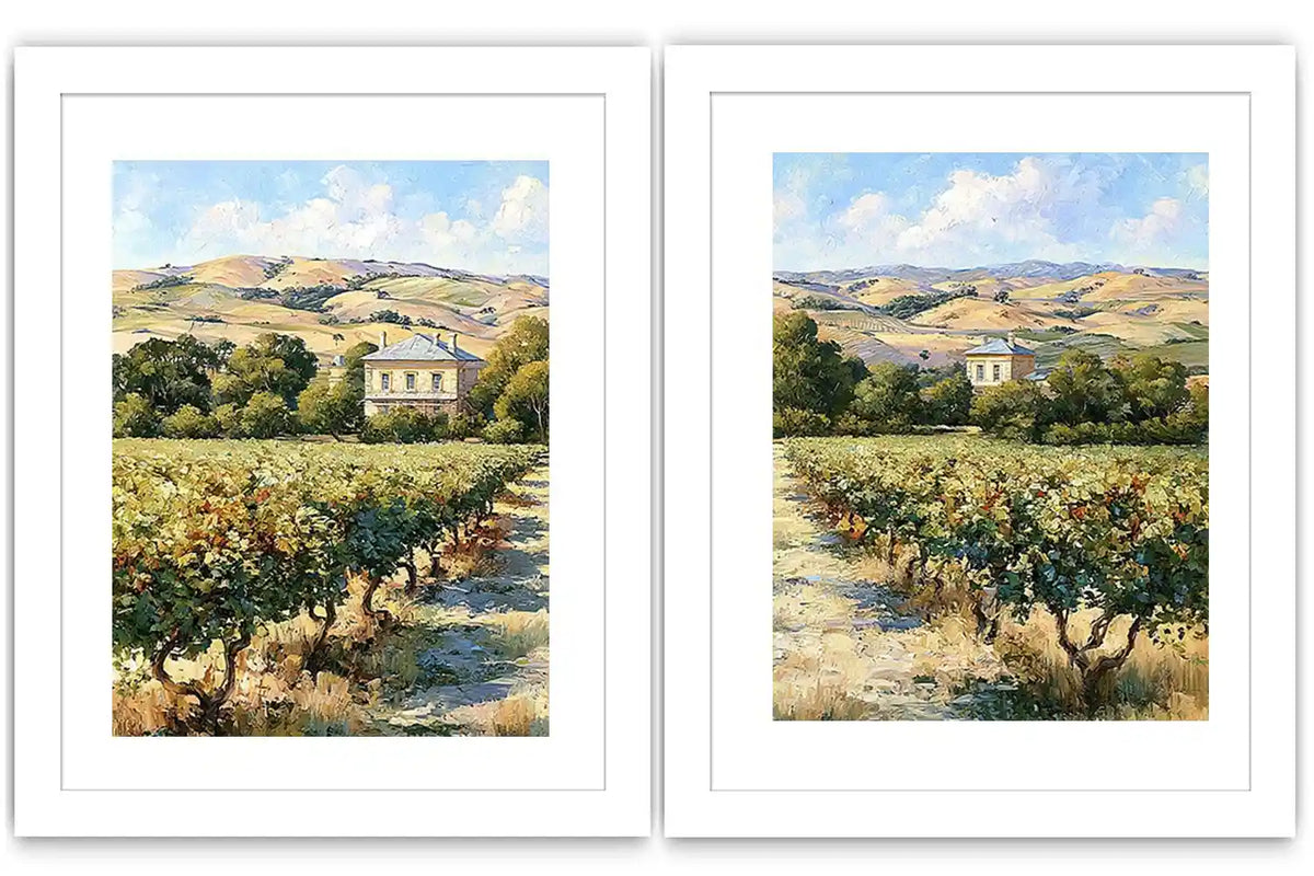 Sunlit vineyard landscape canvas art for rustic dining room decor.