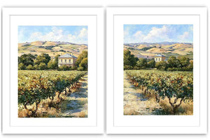 Sunlit vineyard landscape canvas art for rustic dining room decor.