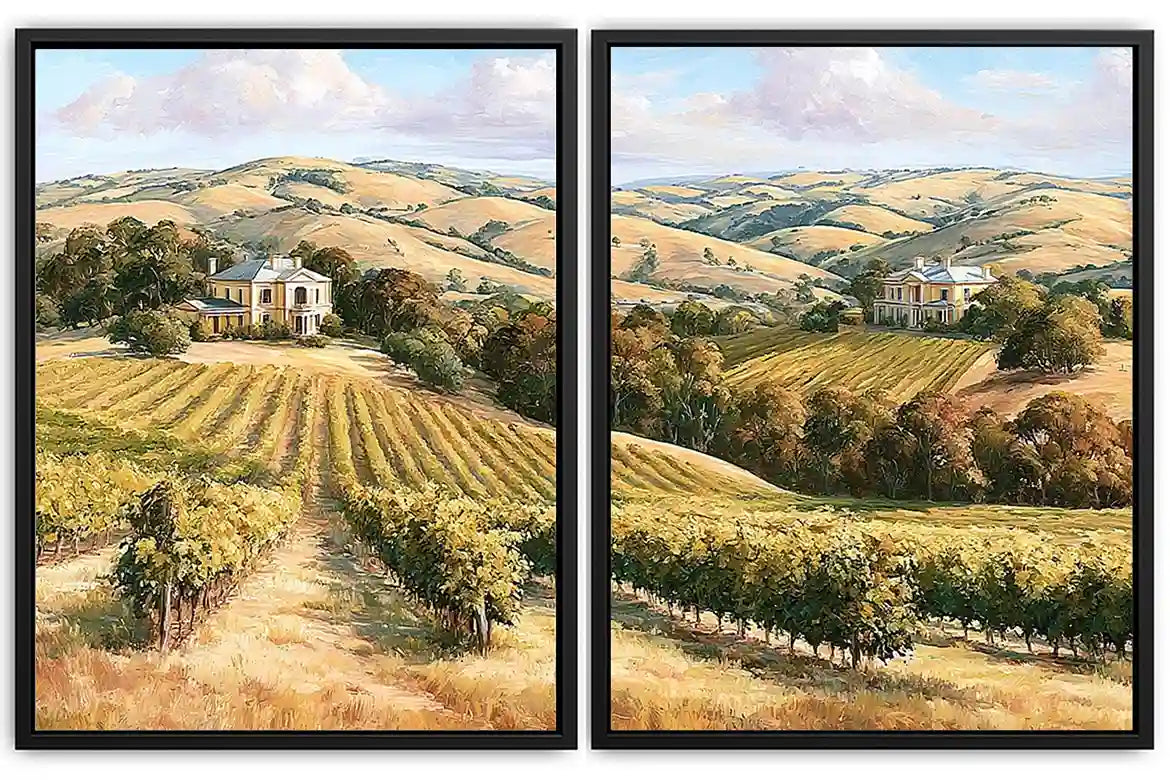 Golden vineyard estate canvas art for elegant farmhouse living room decor.