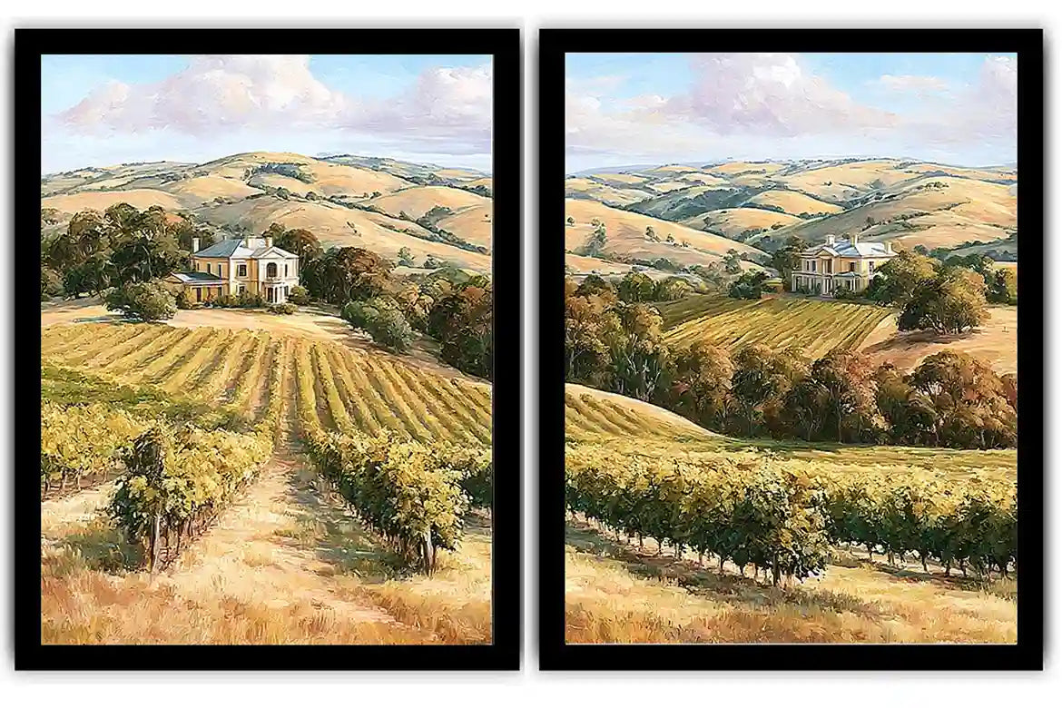 Golden vineyard estate canvas art for elegant farmhouse living room decor.