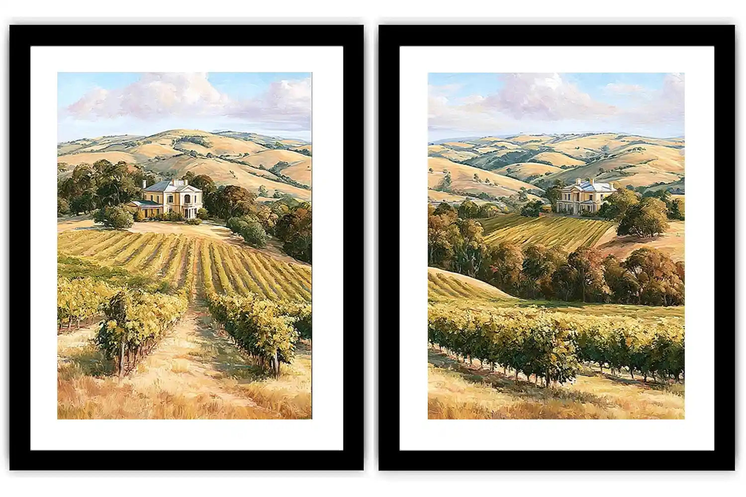 Golden vineyard estate canvas art for elegant farmhouse living room decor.