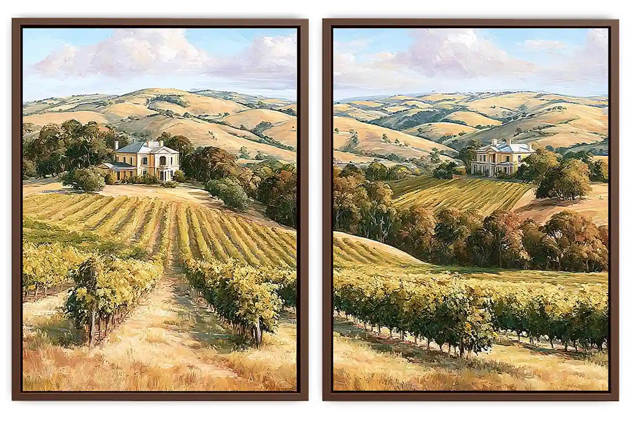 Golden vineyard estate canvas art for elegant farmhouse living room decor.