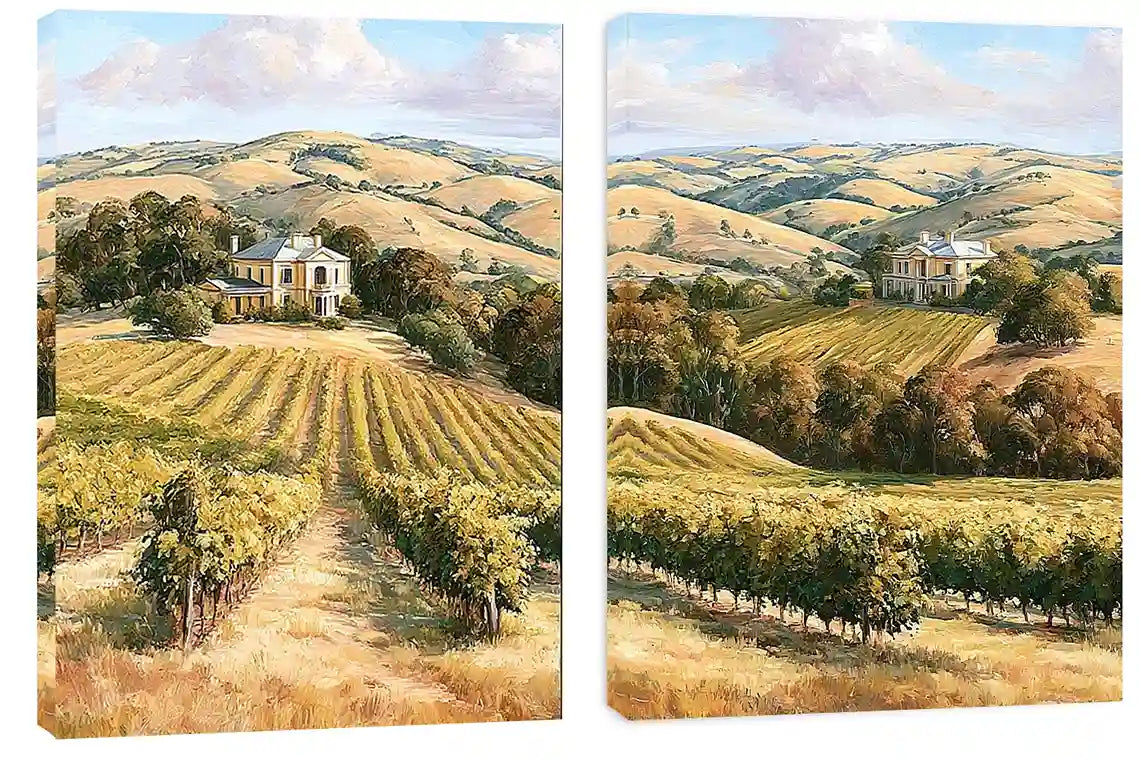 Golden vineyard estate canvas art for elegant farmhouse living room decor.