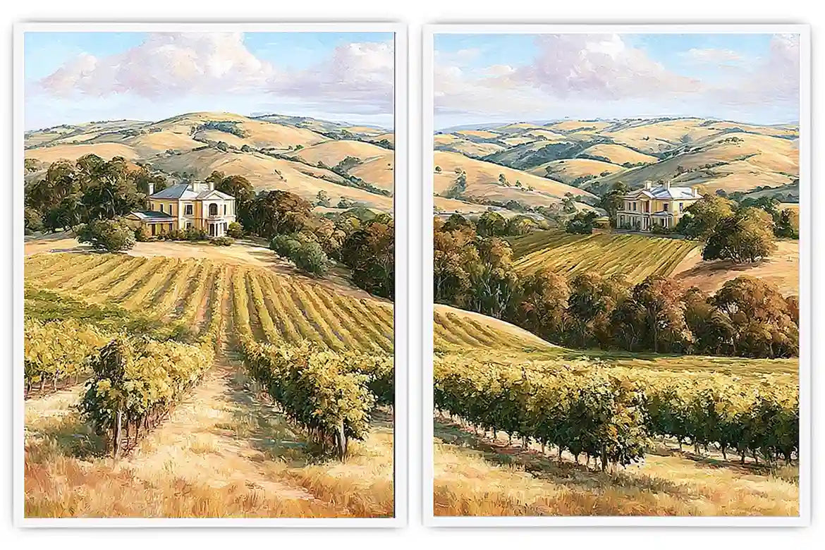 Golden vineyard estate canvas art for elegant farmhouse living room decor.