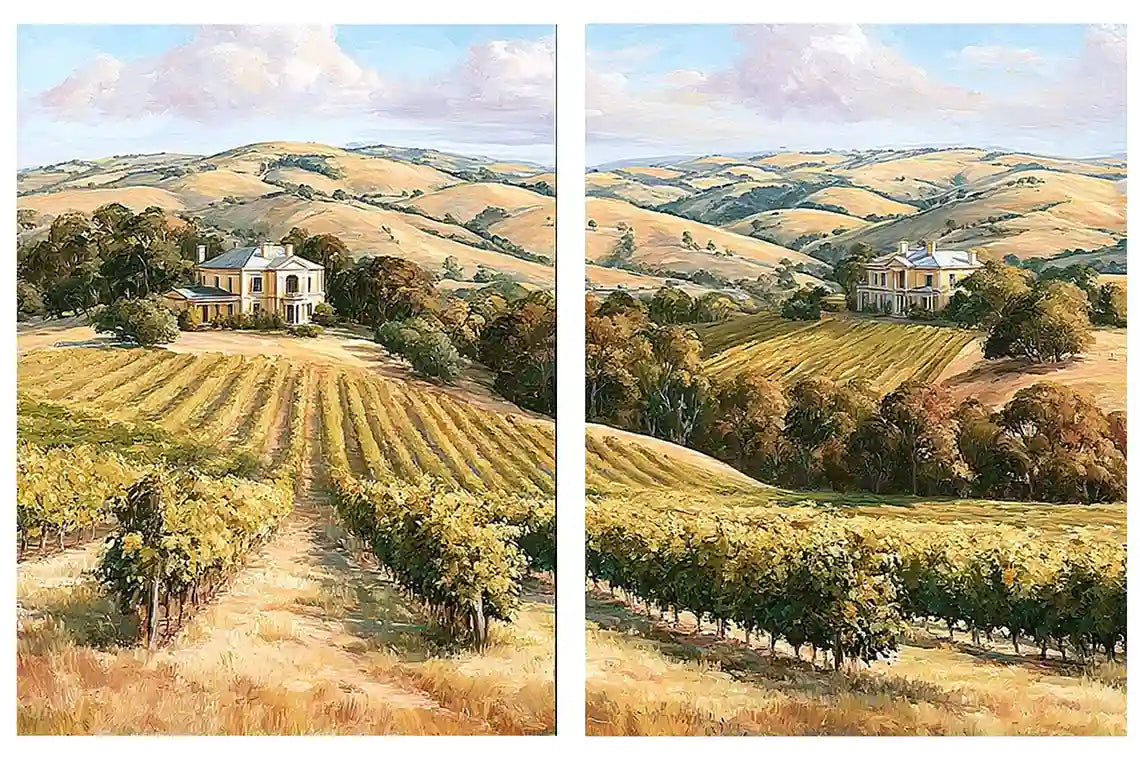 Golden vineyard estate canvas art for elegant farmhouse living room decor.