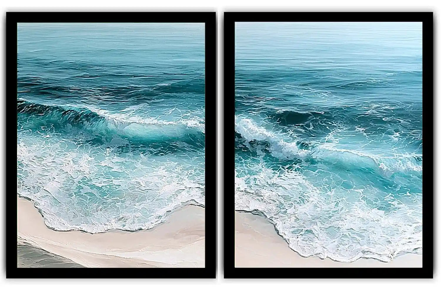 Turquoise ocean wave diptych canvas art for coastal living room decor.