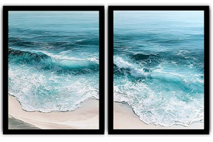 Turquoise ocean wave diptych canvas art for coastal living room decor.
