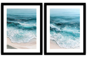 Turquoise ocean wave diptych canvas art for coastal living room decor.