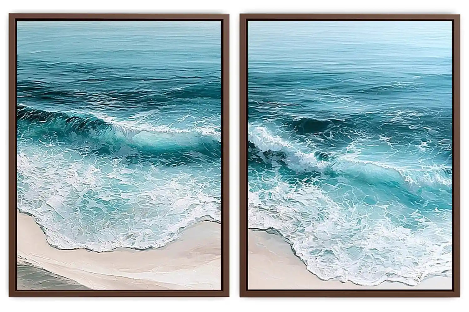 Turquoise ocean wave diptych canvas art for coastal living room decor.