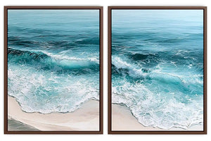 Turquoise ocean wave diptych canvas art for coastal living room decor.