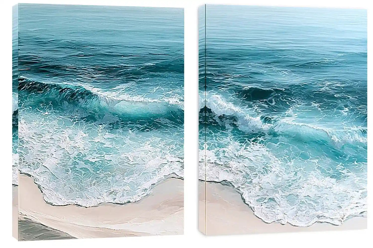 Turquoise ocean wave diptych canvas art for coastal living room decor.