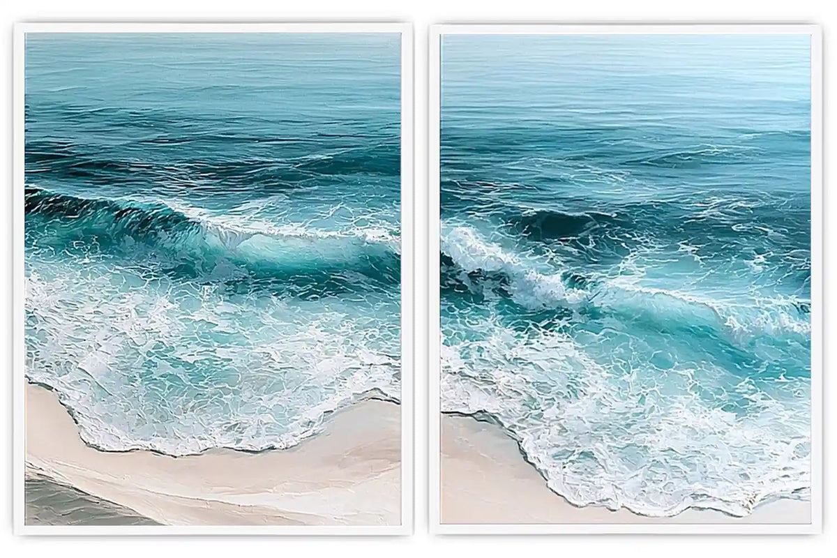 Turquoise ocean wave diptych canvas art for coastal living room decor.