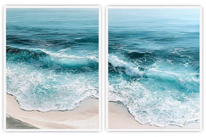 Turquoise ocean wave diptych canvas art for coastal living room decor.