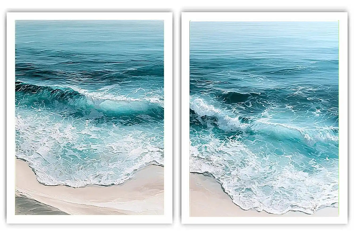 Turquoise ocean wave diptych canvas art for coastal living room decor.