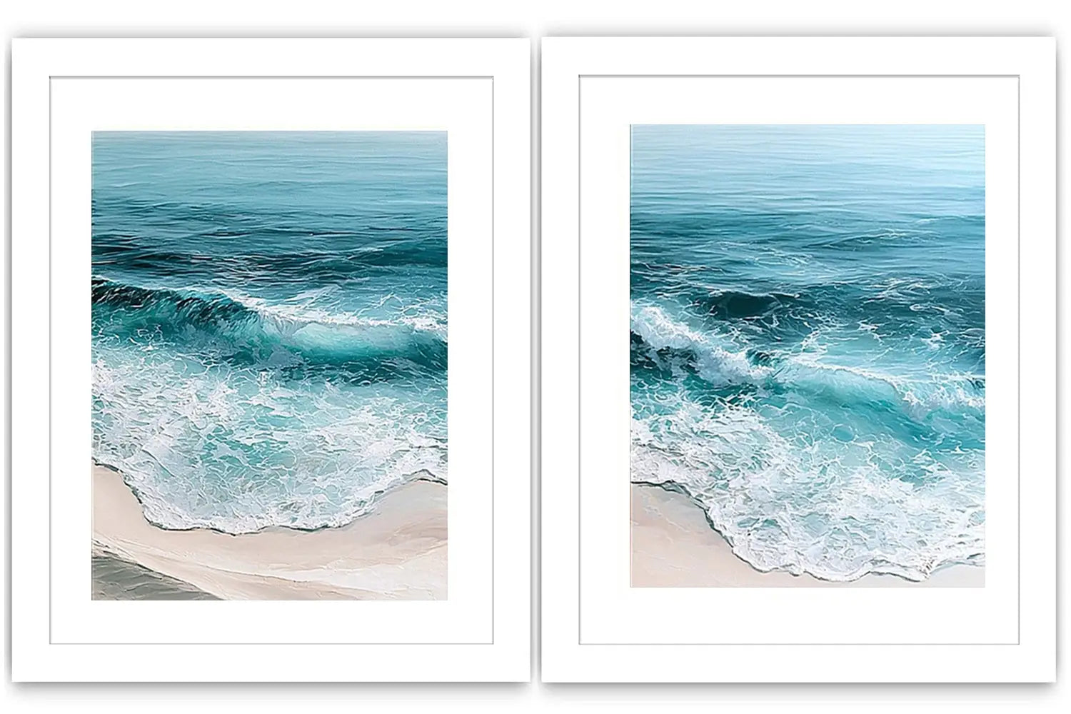 Turquoise ocean wave diptych canvas art for coastal living room decor.