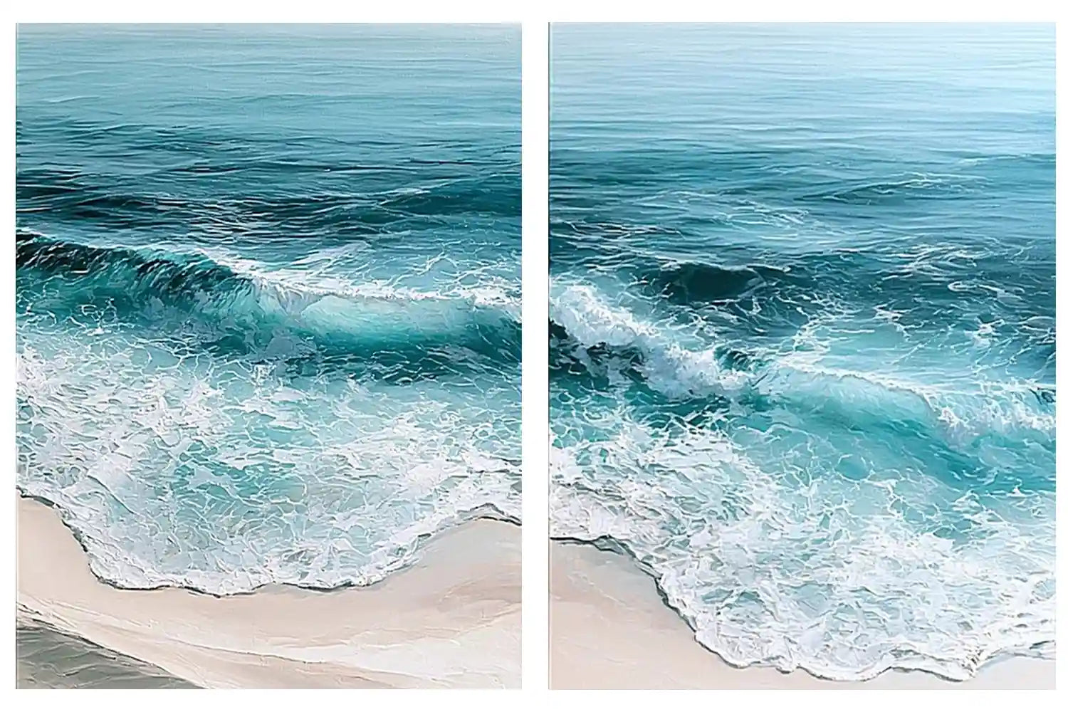 Turquoise ocean wave diptych canvas art for coastal living room decor.