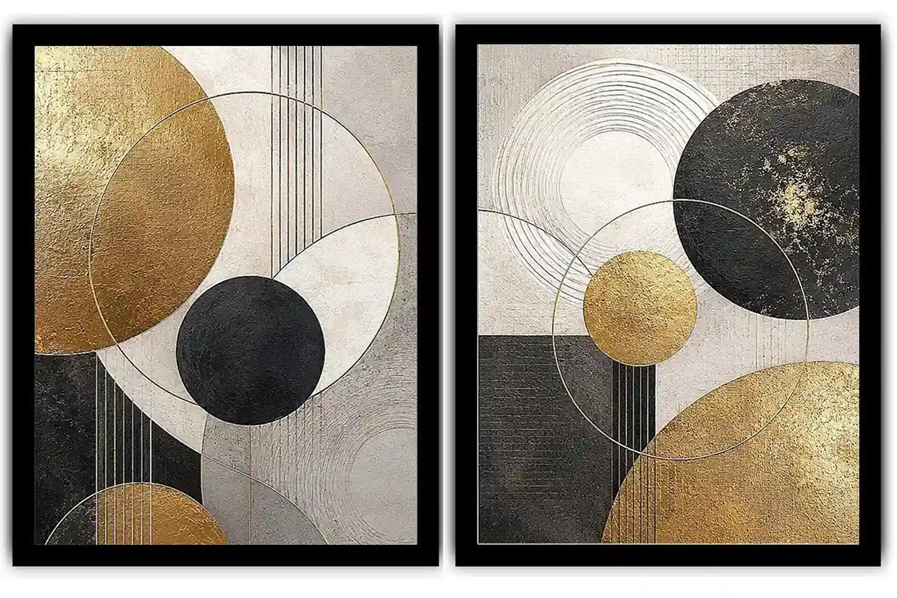 Modern black and gold geometric diptych wall art for contemporary living room decor