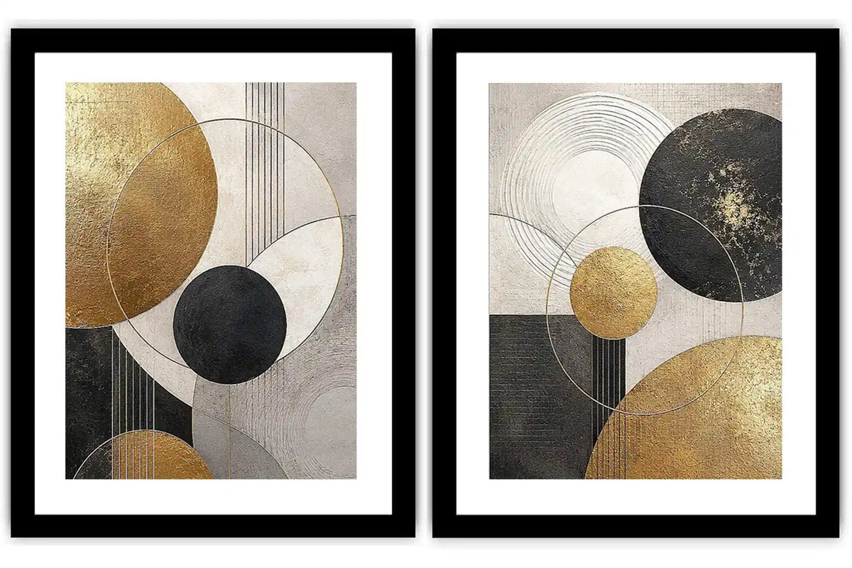 Modern black and gold geometric diptych wall art for contemporary living room decor