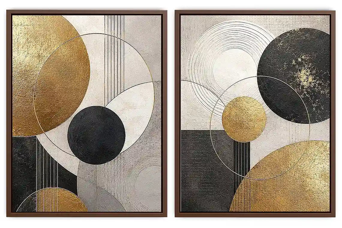 Modern black and gold geometric diptych wall art for contemporary living room decor