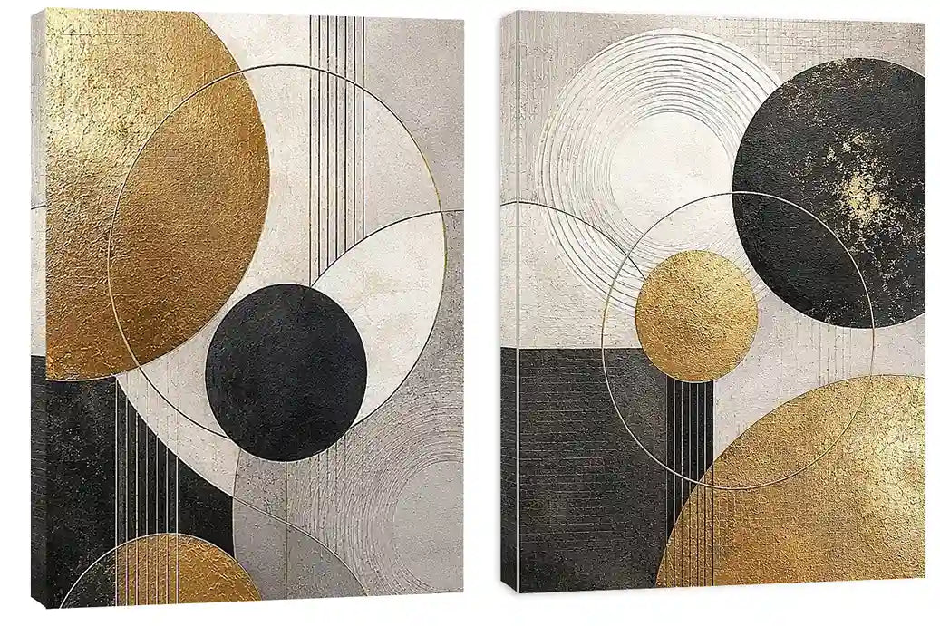 Modern black and gold geometric diptych wall art for contemporary living room decor