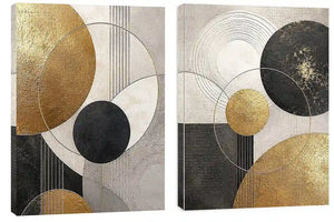 Modern black and gold geometric diptych wall art for contemporary living room decor