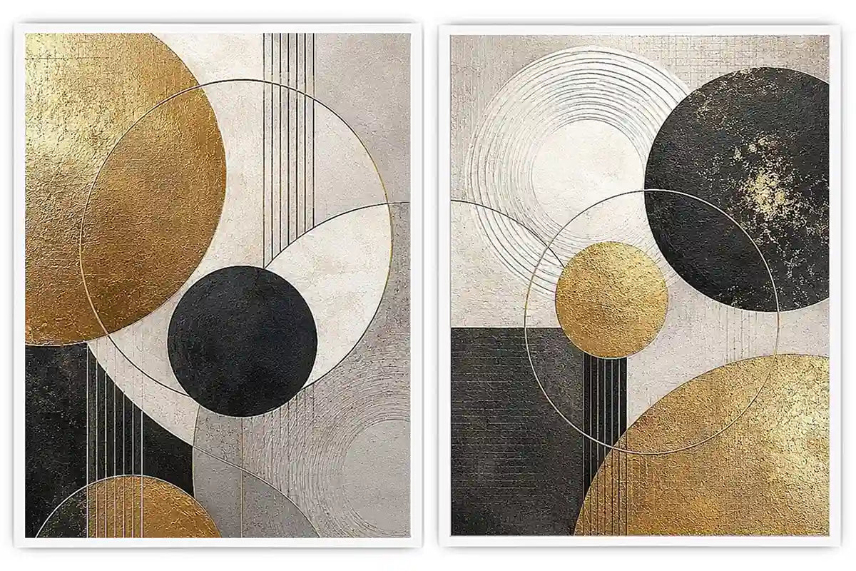 Modern black and gold geometric diptych wall art for contemporary living room decor
