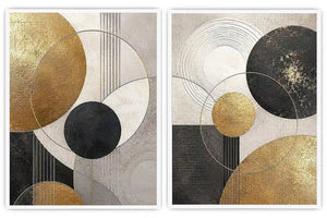 Modern black and gold geometric diptych wall art for contemporary living room decor