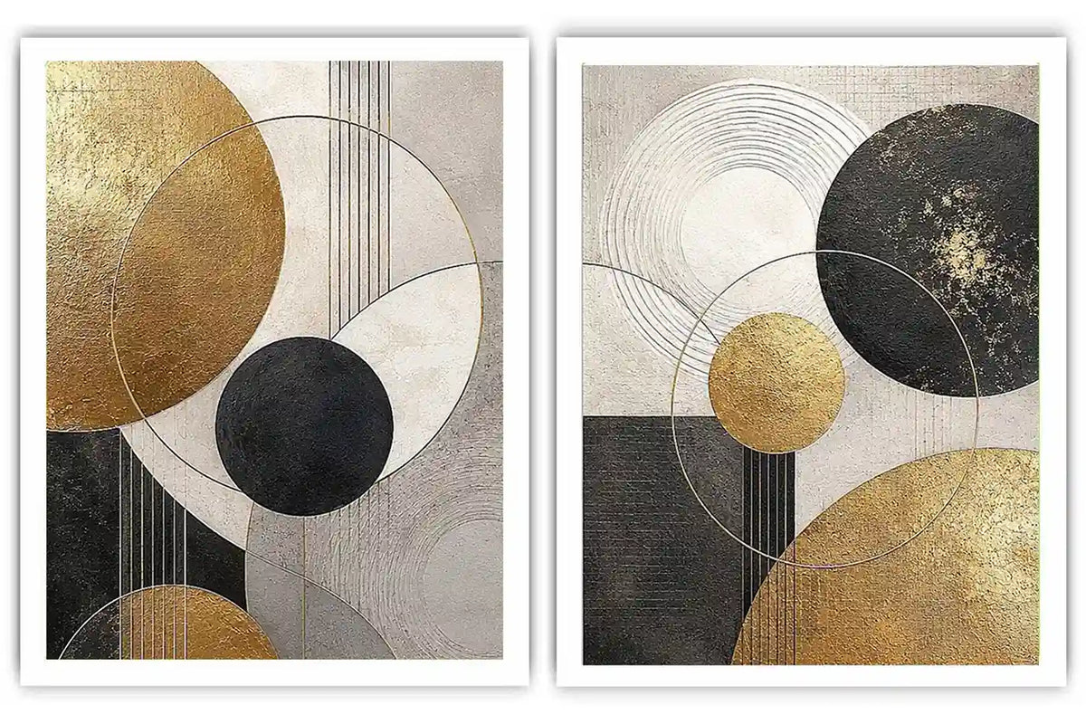 Modern black and gold geometric diptych wall art for contemporary living room decor