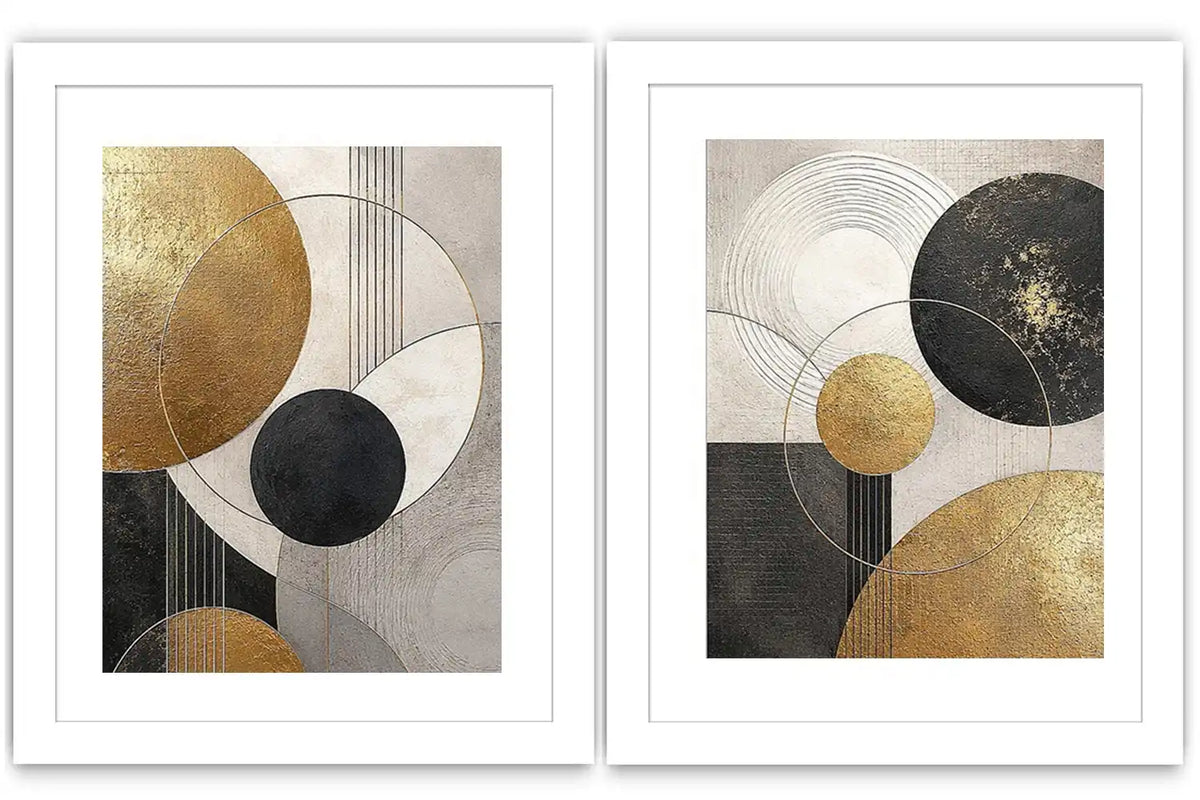 Modern black and gold geometric diptych wall art for contemporary living room decor
