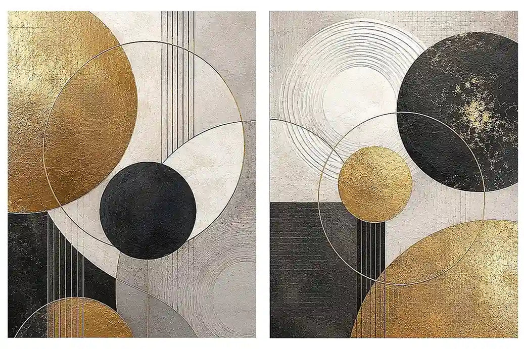Modern black and gold geometric diptych wall art for contemporary living room decor