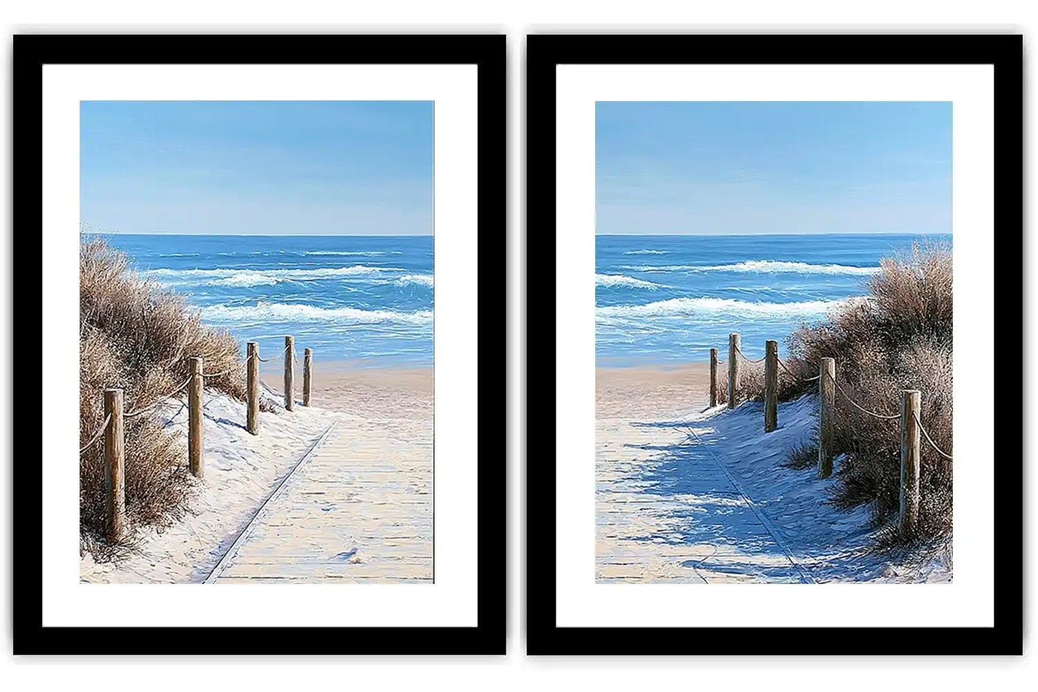 Beach pathway diptych canvas art for bright coastal living room styling.