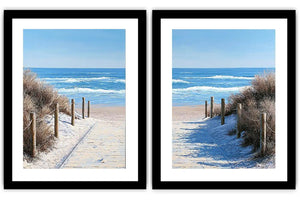 Beach pathway diptych canvas art for bright coastal living room styling.